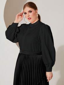 SHEIN Clasi 大碼素色燈籠袖襯衫 - 黑色 - 查看 1