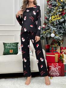 Christmas Print Tee & Pants PJ Set, Fall Winter Clothes - Black - View 2