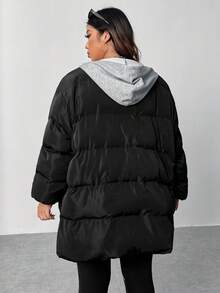 SHEIN EZwear Abrigo con capucha con cordón y hombros caídos acolchado 2 en 1 talla grande - Negro - Ver 2