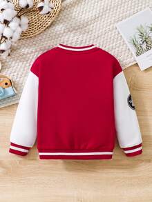 Young Boy Slogan Graphic Striped Trim Colorblock Varsity Jacket - Red - View 2