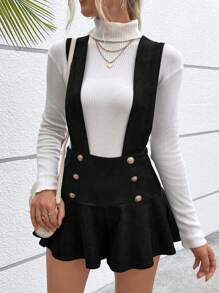 SHEIN Essnce 鈕扣細節燈芯絨連體衣（無毛衣） - 黑色 - 查看 3