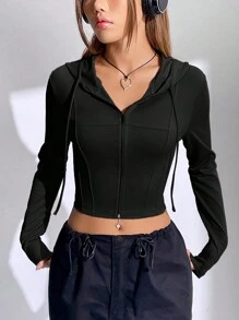 SHEIN EZwear 黑色拉链抽绳短款连帽衫 毕业典礼、返校服装、毕业典礼、女士教师服装、秋冬返校 - 黑色 - 查看 1