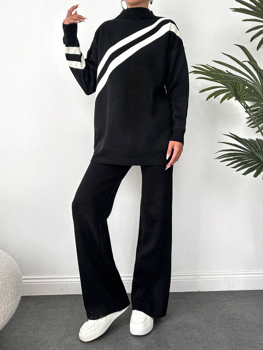 EURMUSE Striped Pattern Drop Shoulder Sweater & Knit Pants - Black and White - View 1