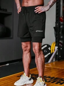 Manfinity Running Boyfriend Style Men Letter Graphic Drawstring Waist 2 In 1 Sports Shorts Gym Shorts - Black - View 2