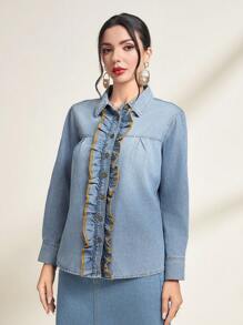 SHEIN Privé Ruffle Trim Button Front Denim Shirt - Blue - View 4