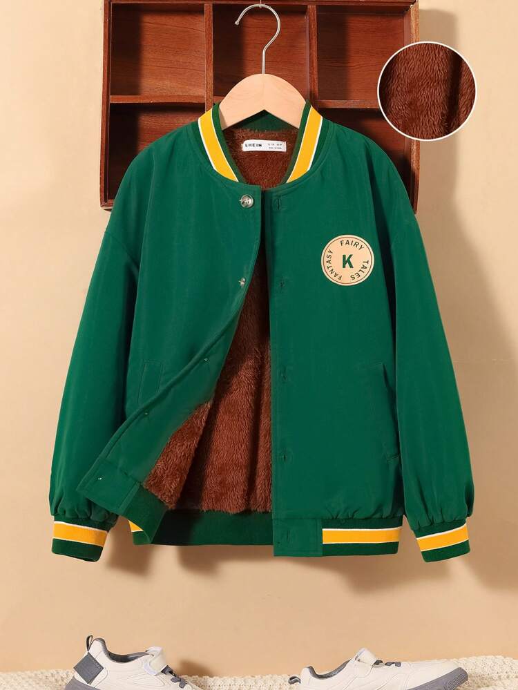 Tween Boy Bear Patched Striped Trim Drop Shoulder Teddy Lined Varsity Jacket