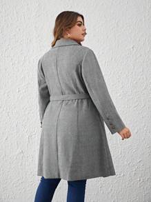 SHEIN Clasi 大碼戧駁領腰帶雙排釦花呢外套 - 灰色 - 查看 2