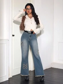 SHEIN ICON 蝴蝶圖案牛仔喇叭褲 - 藍色 - 查看 5