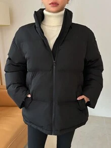 DAZY 拉链斜口袋加厚口袋大衣，冬季女式加厚大衣夹克 - 黑色 - 查看 6