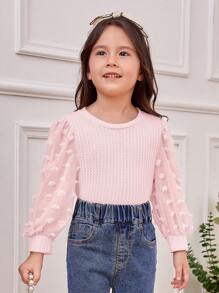 SHEIN Leap Crew Young Girl Swiss Dot Lantern Sleeve Waffle Knit Tee - Pink - View 4