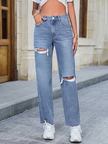 SHEIN Privé Rách Quần legging thẳng - Rửa trung bình - Xem 5