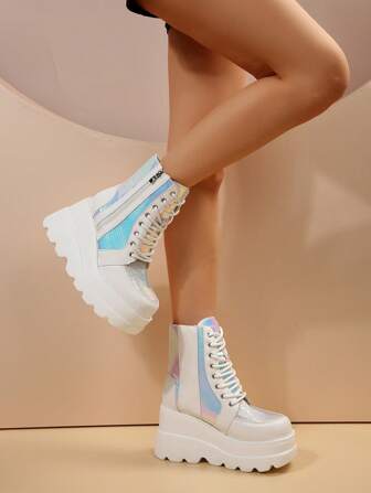 Women's Fashionable Laser Cut Wedge High Platform Mid-Calf Boots