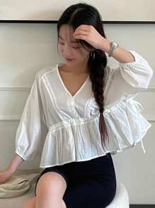 DAZY 純色正面鈕扣荷葉邊下擺T恤 - 白色 - 查看 4