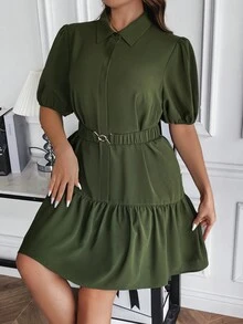 SHEIN LUNE 大碼泡泡袖荷葉邊下擺束帶襯衫洋裝