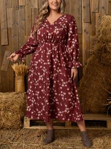 EMERY ROSE Plus Floral Print Flare Sleeve Dress - Red - View 4