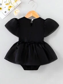 Baby Girl Slogan Graphic Bow Front Puff Sleeve Bodysuit Dress