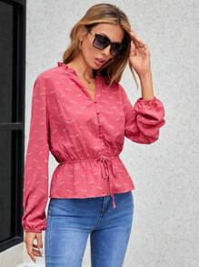 SHEIN Cottnline بلوزة مطوي الثنايا طباعة شامل رباط خصر - الأحمر - مشاهدة 5