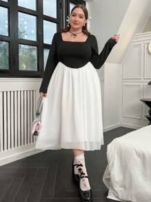 Flirla 大碼雙色方領洋裝 - 彩色 - 查看 6