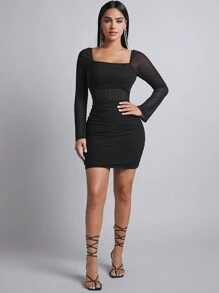 SHEIN PETITE Vestido ajustado con cuello cuadrado, panel de malla fruncido y Body fruncido, para mujeres de talla pequeña - Negro - Ver 3