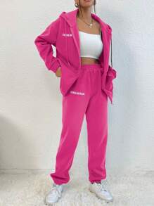 SHEIN Unity 字母圖案拉鏈開襟抽繩加絨內裏連帽衫和運動褲 - 玫紅色 - 查看 1