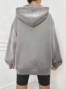 SHEIN Unity Áo nỉ có mũ trùm đầu in chữ kiểu Mỹ, dáng rộng, vai trễ, có khóa kéo, dây rút, thích hợp mặc khi đi làm hàng ngày vào mùa xuân và mùa thu - Màu xám đen - Xem 2