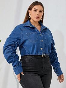 SHEIN Privé Plus Ruched Sleeve Crop Denim Blouse - Blue - View 2