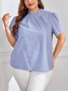 SHEIN Essnce 夏季条纹印花立领衬衫 - 藍白色 - 查看 5