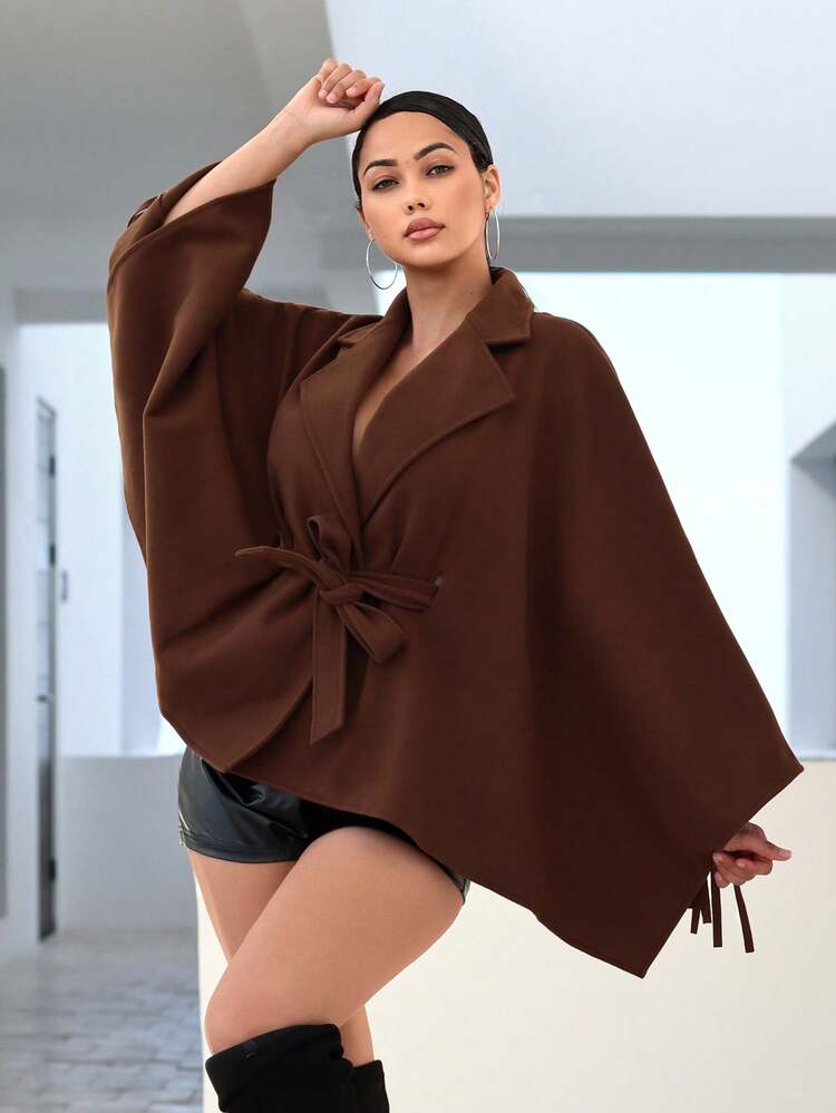 Lapel Neck Belted Cape Overcoat New Years Eve Party Sexy