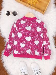 SHEIN Young Girl Heart Print Bomber Jacket - Pink - View 2