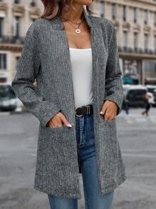 SHEIN LUNE 雙口袋開門襟花呢外套 - 深灰色 - 查看 3