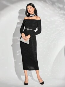 Modelyn Off Shoulder Pearls Detail Bodycon Dress - Black - View 1