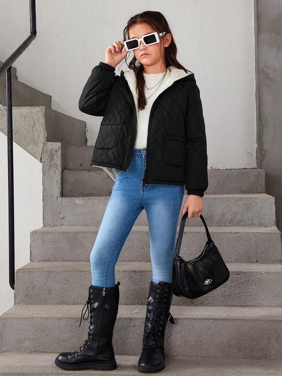 SHEIN 女大童拉鏈開襟加絨內裏連帽絎縫外套 - 黑色 - 查看 1