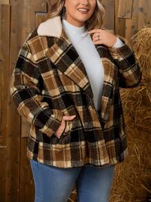 EMERY ROSE Plus Plaid Print Borg Collar Teddy Lined Thermal Coat, Fall/Winter - Multicolor - View 1