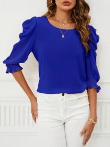 SHEIN Clasi 女士优雅纯色泡泡袖圆领衬衫 - 寶藍色 - 查看 6