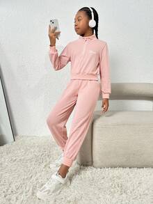 SHEIN 女大童字母圖案半拉鏈活躍連帽衫和運動褲 - 粉色 - 查看 4