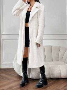 SHEIN EZwear 西裝領開門襟絨毛外套 - 杏色 - 查看 5