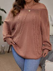SHEIN LUNE Plus Off Shoulder Cable Knit Sweater - Camel - View 1