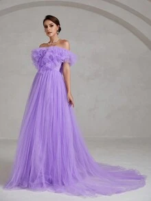 Faeriesty Elegant Solid Off Shoulder Ruffle Trim Mesh Formal Dress - Purple - View 5