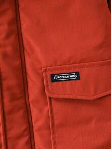 年轻男孩字母拼贴翻盖口袋毛绒装饰连帽棉服外套（不含毛衣） - 棕色 - 查看 4