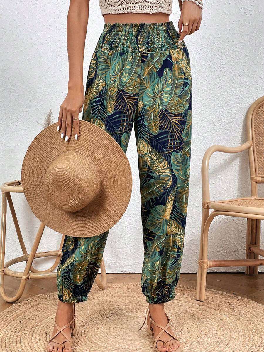 SHEIN VCAY 熱帶印花彈力腰胡蘿蔔褲 - 彩色 - 查看 1