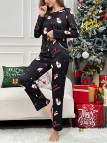 Christmas Print Tee & Pants PJ Set, Fall Winter Clothes - Black - View 6
