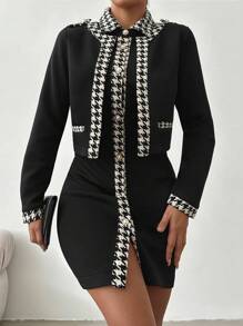 RueChic Houndstooth Print Button Front Jacket & Bodycon Dress - Black and White - View 1