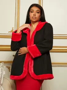 SHEIN SXY Plus Contrast Fuzzy Trim Open Front Overcoat - Black - View 6