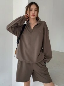 DAZY Half Zip Drop Shoulder Sweatshirt & Shorts - Mocha Brown - View 5