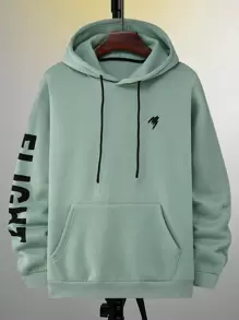 Manfinity Homme Men Letter Graphic Pocket Drawstring Hoodie, For Fall, Long Sleeve Top - Mint Green - View 3