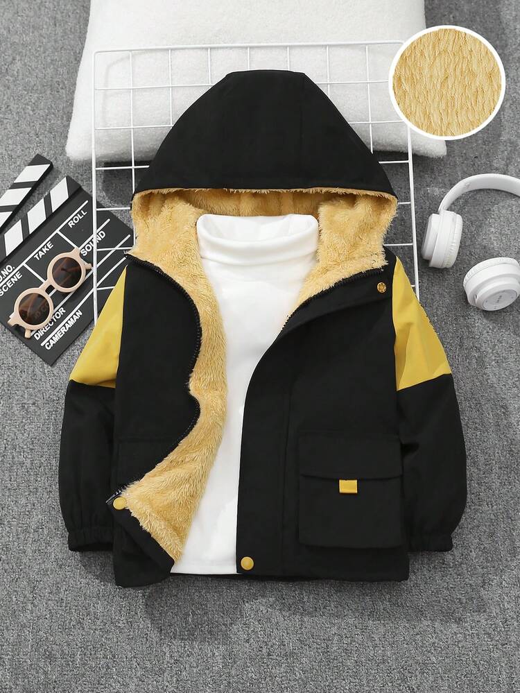 Young Boy Colorblock Flap Pocket Teddy Lined Hooded Coat Without Sweatshirt