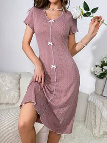 Contrast Binding Bow Front Nightdress - Pink - View 3