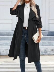 SHEIN Clasi 瀑布領卷袢袖風衣 - 黑色 - 查看 1