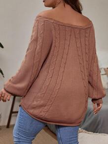 SHEIN LUNE Plus Off Shoulder Cable Knit Sweater - Camel - View 2