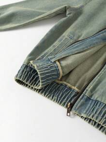 Tween Boy Contrast Collar Zipper Denim Jacket - Dark Wash - View 5